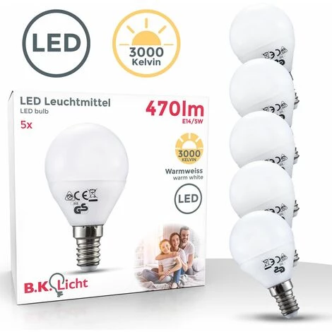 B.K.LICHT Lot De 5 Ampoules LED E14 Sphérique 5W 470 Lumens Eq 35W | Température De Couleur: Blanc Chaud 3000K 3 B.K.LICHT Lot De 5 Ampoules LED E14 Sphérique 5W 470 Lumens Eq 35W | Température De Couleur: Blanc Chaud 3000K