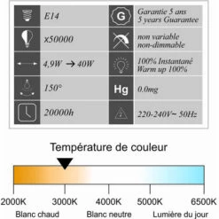 LUTECE-ARC Ampoules LED E14 R50 4,9W (équiv. 40W) 470Lm 3000K -Pas Cher Ampoule LED Boutique 19322833 3