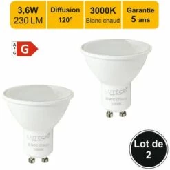 LUTECE-ARC Lot De 2 Ampoules LED GU10 3.6W 230Lm 3000K - Garantie 5 Ans