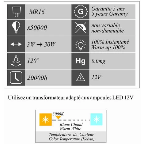 LUTECE-ARC Lot De 2 Ampoules LED GU5.3 (MR16) 3W 230Lm 3000K - Garantie 5 Ans 5 LUTECE-ARC Lot De 2 Ampoules LED GU5.3 (MR16) 3W 230Lm 3000K - Garantie 5 Ans – Image 3