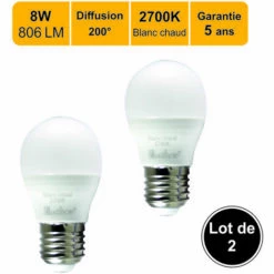 LUTECE-ARC Lot De 2 Ampoules LED E27 8W 806Lm 2700K - Garantie 5 Ans