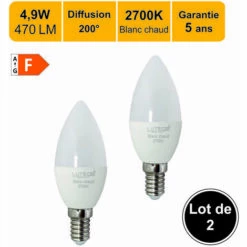 LUTECE-ARC Lot De 2 Ampoules LED E14 6W 470Lm 2700K - Garantie 5 Ans