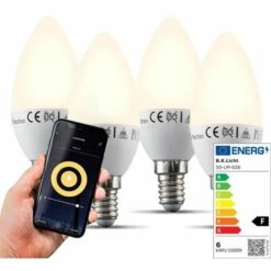 B.K.LICHT Lot De 4 Ampoules Connectées LED Dimmables Commande Vocale Par Appli Compatibles Alexa Google Home E14 5,5W Blanc Chaud 2700K