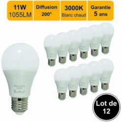 LUTECE-ARC Lot De 12 Ampoules LED E27 11W 1055Lm 3000K - Garantie 5 Ans