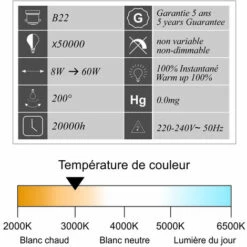 LUTECE-ARC Lot De 12 Ampoules LED B22 8W 806Lm 3000K - Garantie 5 Ans -Pas Cher Ampoule LED Boutique 36031947 3