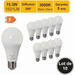 LUTECE-ARC Lot De 10 Ampoules LED E27 15,3W 1521Lm 3000K - Garantie 5 Ans
