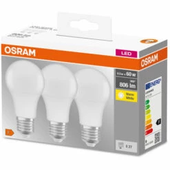 OSRAM LED BASE CLASSIC A / Lampe LED, Ampoule De Forme Classique, Avec Un Culot à Vis: E27, 9,50 W, 220…240 V, 60 W Remplacement, Dépolie, 2700 K, 3pack - Weiß -Pas Cher Ampoule LED Boutique 41626071 2