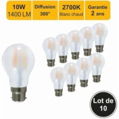 LUTECE-ARC Lot De 10 Ampoules LED Filament B22 10W 1400Lm 2700K - Garantie 5 Ans