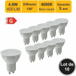 LUTECE-ARC Lot De 10 Ampoules LED GU10 4.9W 400Lm 4000K - Garantie 5 Ans