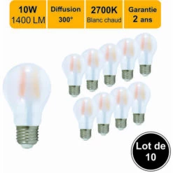 LUTECE-ARC Lot De 10 Ampoules LED Filament E27 10W 1400Lm 2700K - Garantie 2 Ans