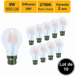 LUTECE-ARC Lot De 10 Ampoules LED Filament B22 8W (équiv. 80w) 950Lm 2700K - Garantie 2 Ans