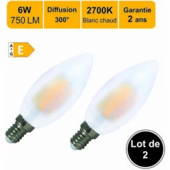 LUTECE-ARC Lot De 2 Ampoules LED Filament E14 6W (équiv. 57w) 750Lm 2700K - Garantie 2 Ans