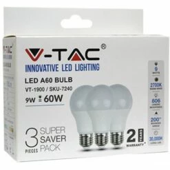 V-TAC Ampoule LED E27 9W A60 2700K (Boite 3 Pièces)