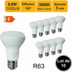 LUTECE-ARC Lot De 10 Ampoules LED E27 R63 8,8W (équiv. 60W) 806Lm 3000K