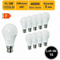 LUTECE-ARC Lot De 10 Ampoules LED 11,1W (équiv. 75W) B22 1055lm 4000K - Garantie 5 Ans