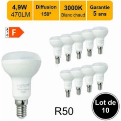 LUTECE-ARC Lot De 10 Ampoules LED E14 R50 4,9W (équiv. 40W) 470Lm 3000K