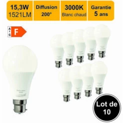 LUTECE-ARC Lot De 10 Ampoules LED B22 15,3W (équiv. 100W) 1521Lm 3000K - Garantie 5 Ans