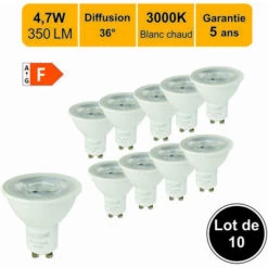 LUTECE-ARC Lot De 10 Ampoules LED GU10 36° 4,7W (équiv. 50W) 350Lm 3000K - Garantie 5 Ans