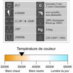 LUTECE-ARC Ampoule LED B22 15,3W (équiv. 100W) 1521Lm 3000K - Garantie 5 Ans -Pas Cher Ampoule LED Boutique 58400376 3