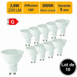 LUTECE-ARC Lot De 10 Ampoules LED GU10 3,6W 230Lm 3000K - Garantie 5 Ans