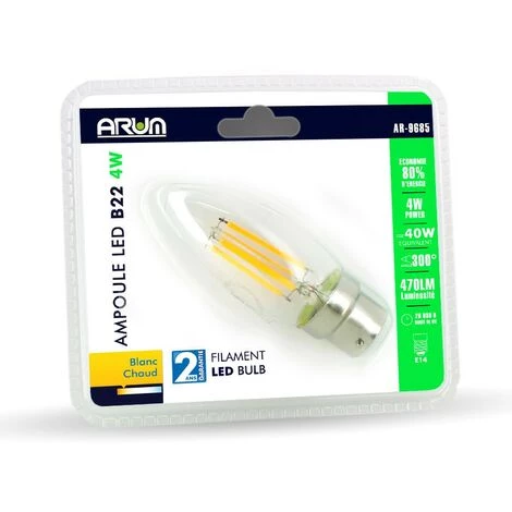 ARUM LIGHTING Ampoule LED 4.9W (40W) B22 Filament Flamme Blanc Chaud 2700°K 4 ARUM LIGHTING Ampoule LED 4.9W (40W) B22 Filament Flamme Blanc Chaud 2700°K – Image 2